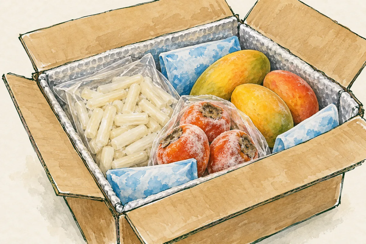 아이스팩과 떡볶이·홍시·망고가 담긴 냉동 택배 상자 그림