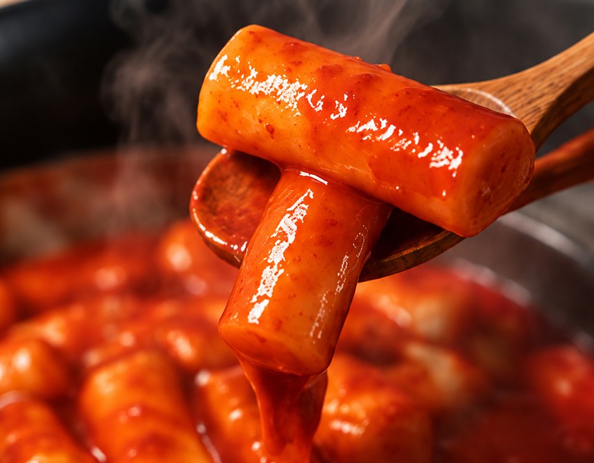 나무 숟가락 위에 담긴 붉은 양념의 밀떡볶이